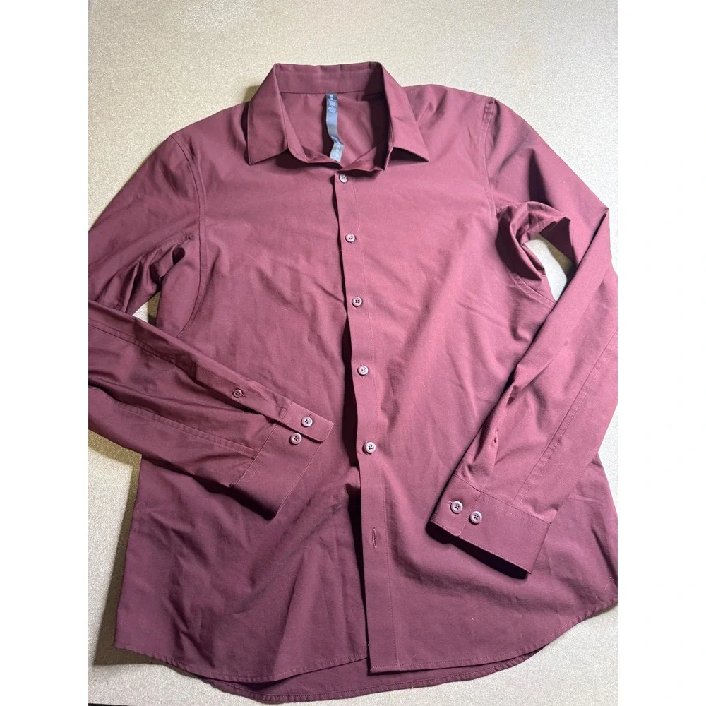 Lululemon Commission Long Sleeve Shirt Mens Medium Maroon Burgundy Button Down - Picture 3 of 7